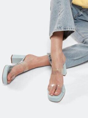 Schutz Ariella Sky Blue Platform Block Heel Transparent Strap Sandals Size 8